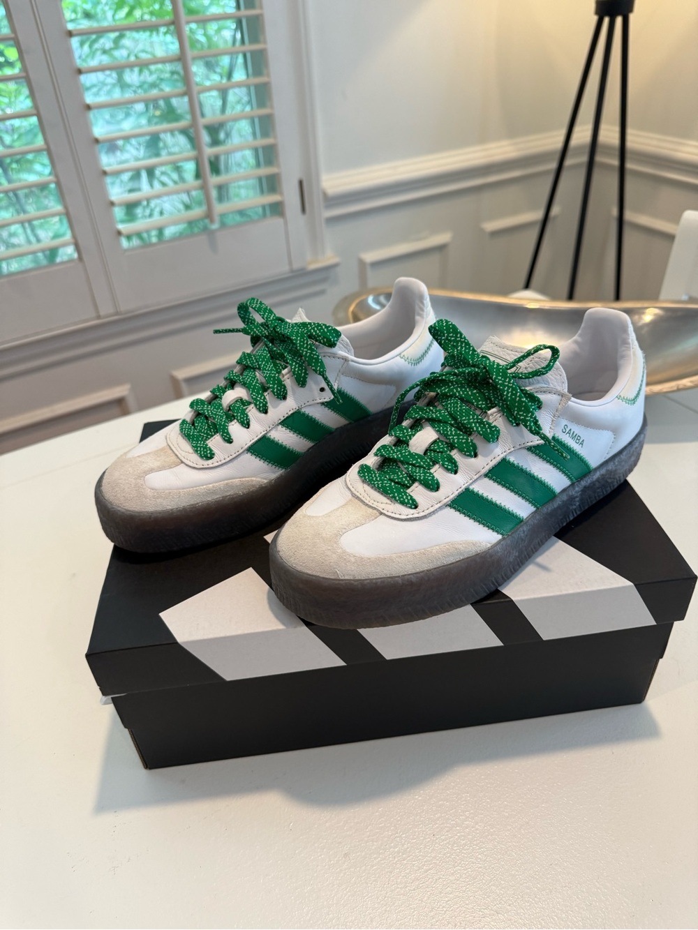 adidas Samba White Sneakers with Green Stripes and Laces 8 - Picture 8 of 9